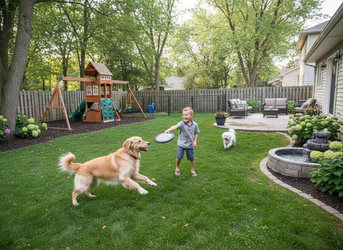 Boy Playing Frisbee with Golden Retriever and White Dog in Backyard