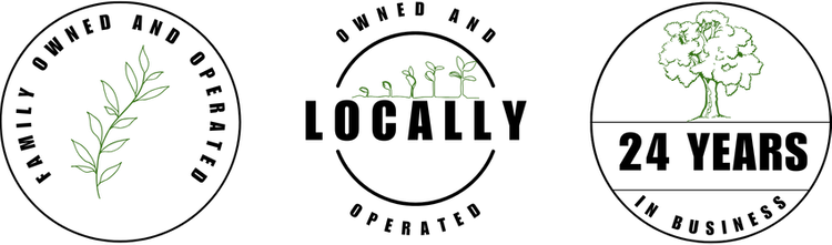 Green and black business trust badges: Family Owned and Operated, Locally Owned and Operated, and 24 Years in Business.