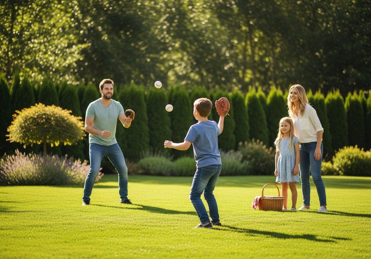 Family Playing Baseball in Backyard