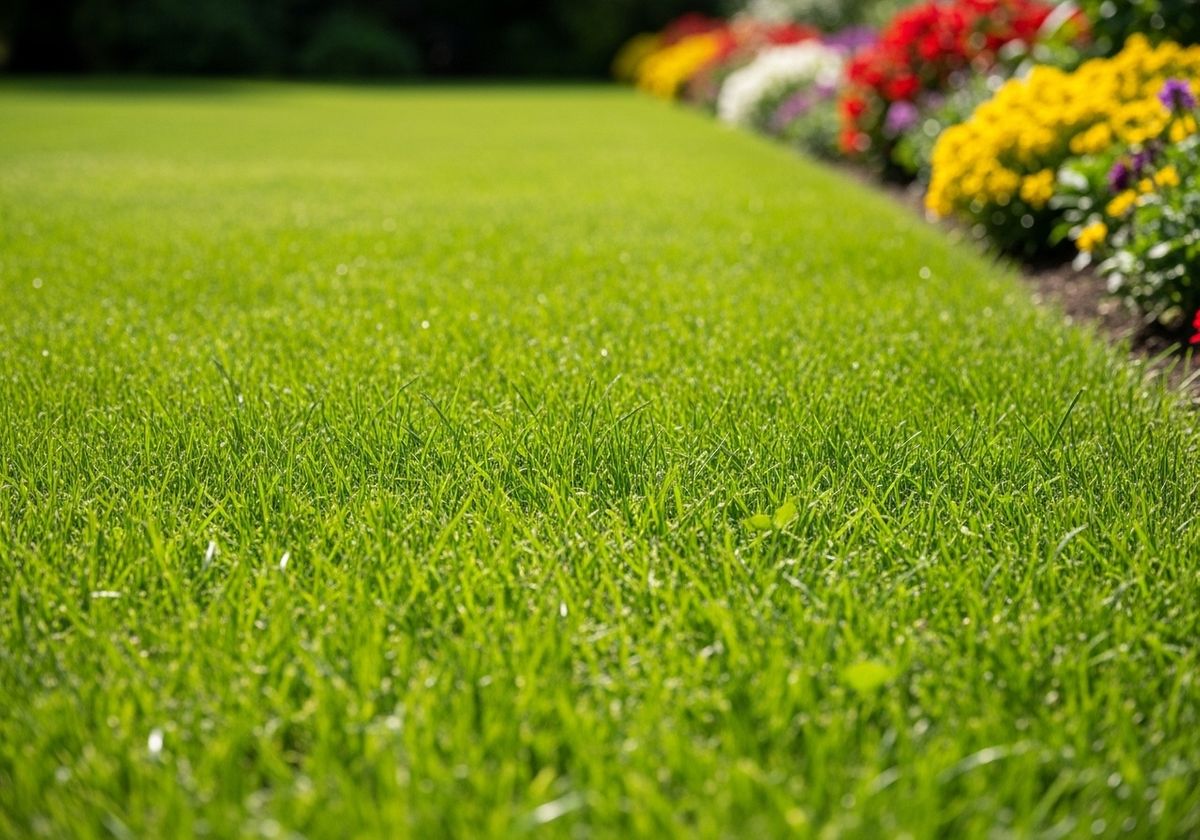 Lush green lawn with vibrant flower border