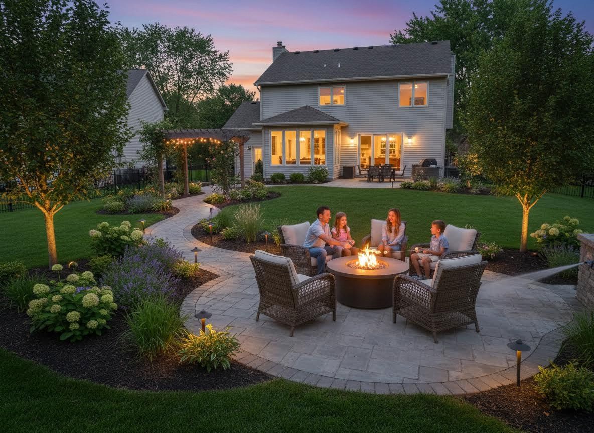 Family Enjoying Evening by Fire Pit in Beautifully Landscaped Backyard