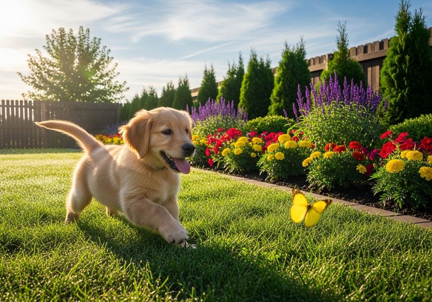 A golden retriever puppy joyfully chases a yellow butterfly in a vibrant garden. The puppy's tongue is playfully out as it sprints across the lush green lawn, with colorful flowers and verdant trees in the background under a bright, clear sky. Golden Retriever Puppy Chasing Butterfly