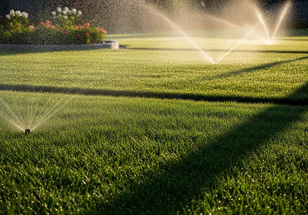 Lush Green Lawn Being Watered by Sprinklers