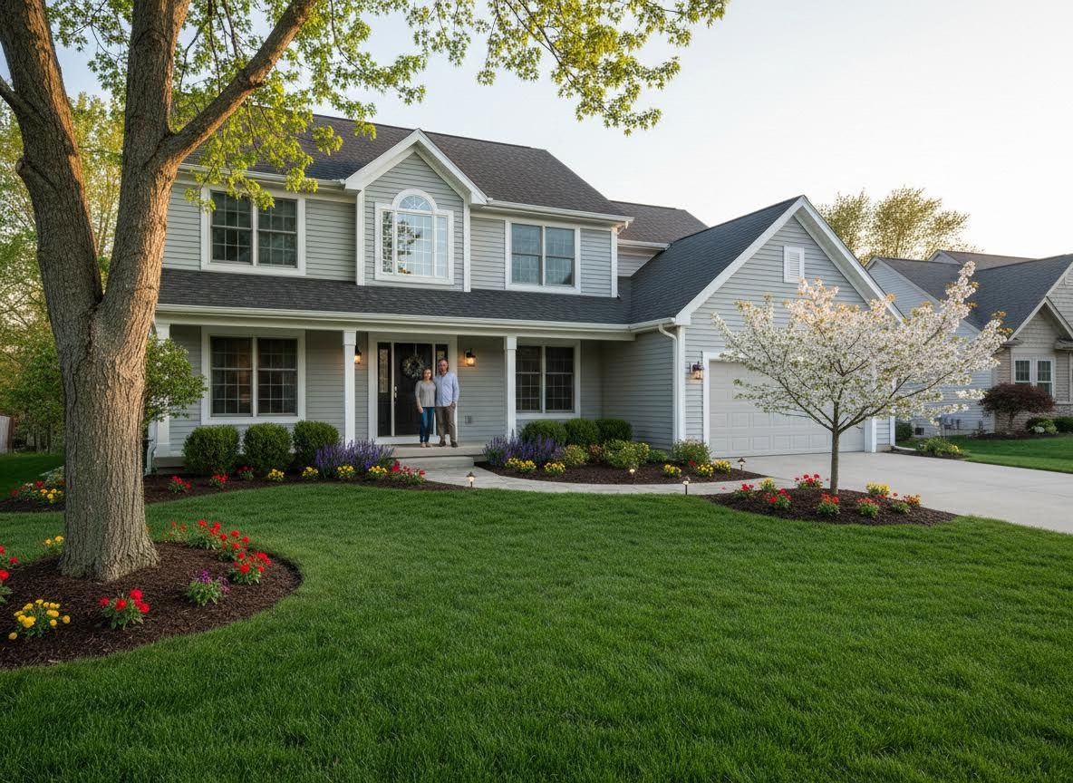 Front view of a gray suburban house with a couple on the porch and a beautifully landscaped yard