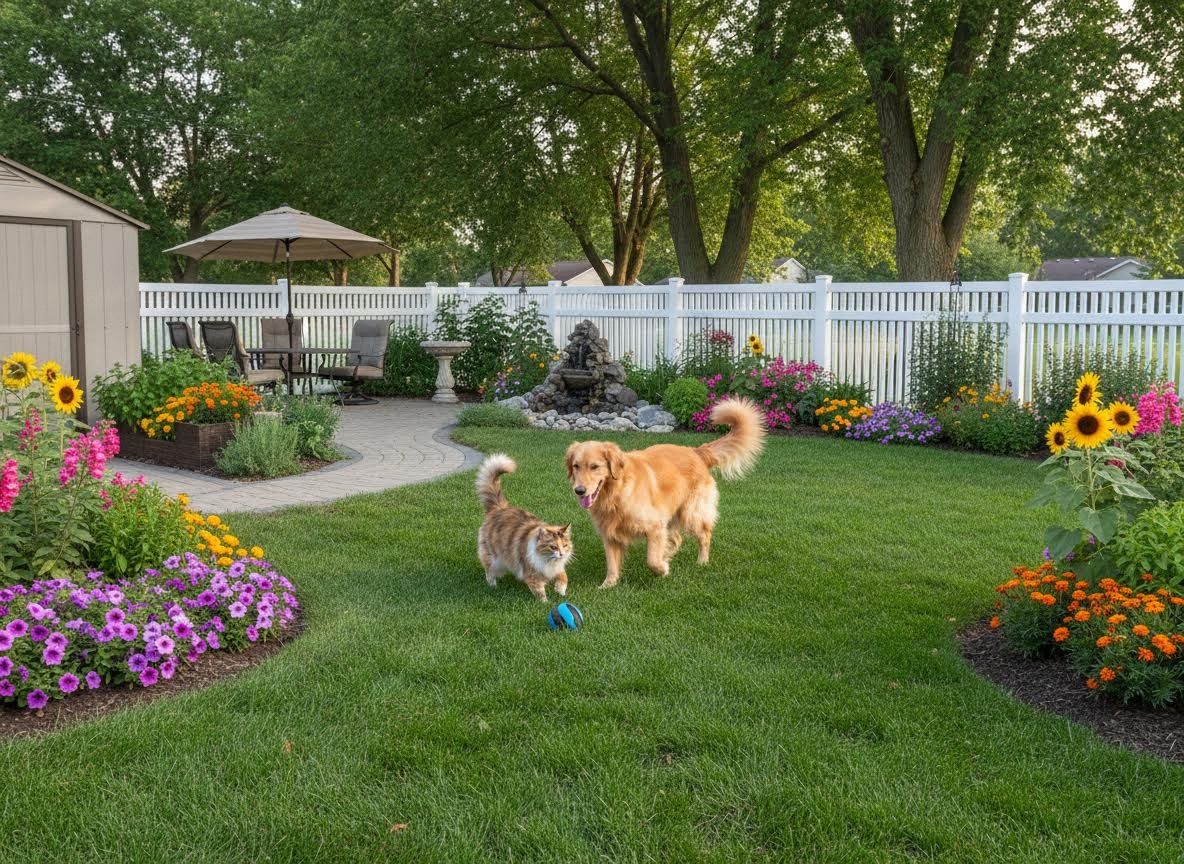 Golden Retriever and Tabby Cat Playing in a Lush Backyard Garden