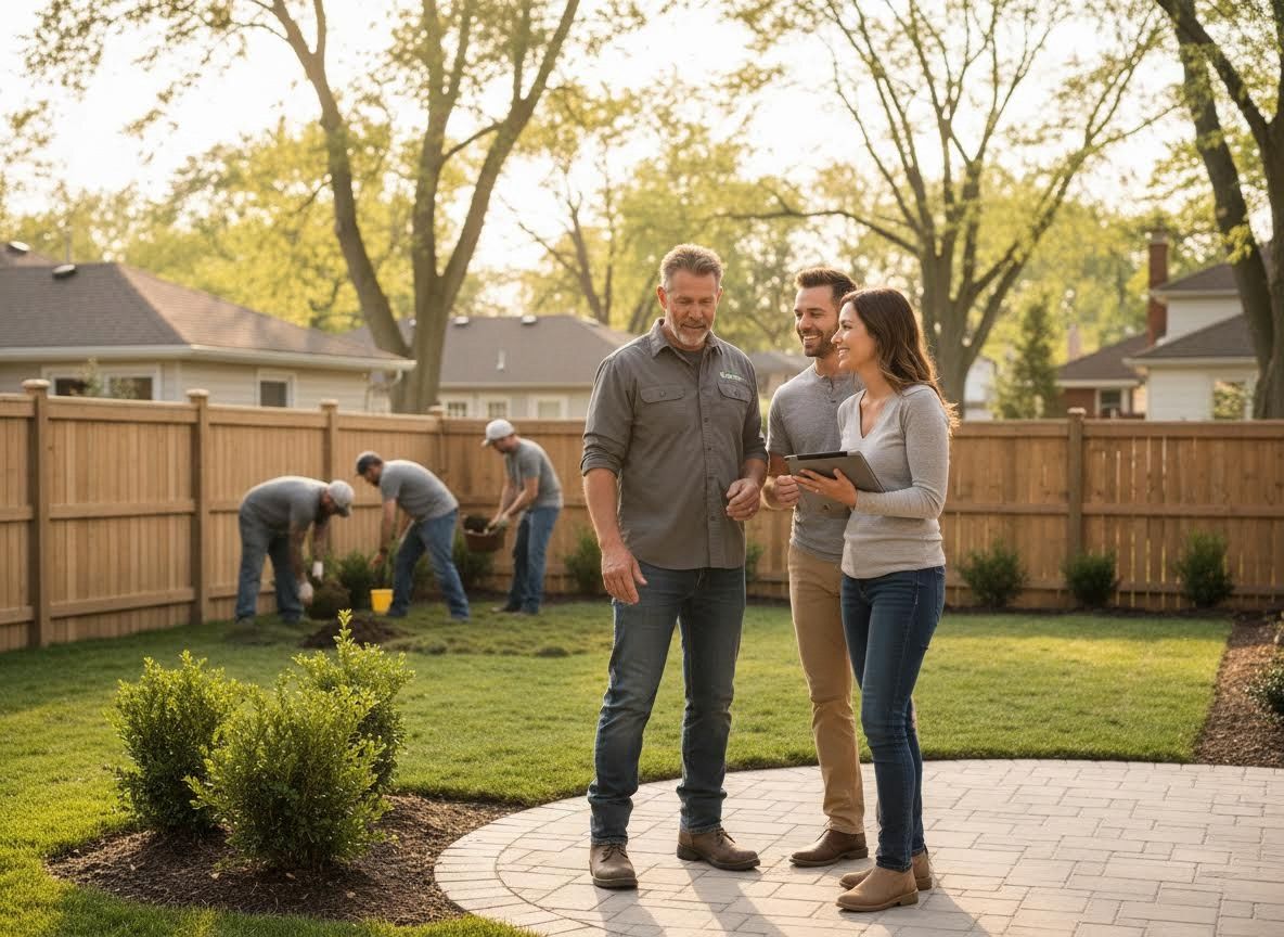 Homeowners and landscapers review backyard design