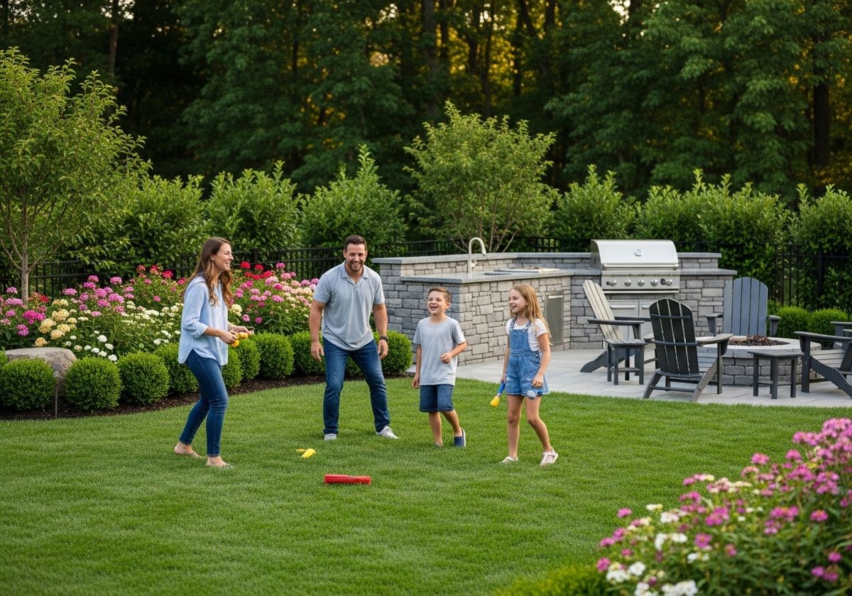 Family Playing in Beautifully Landscaped Backyard