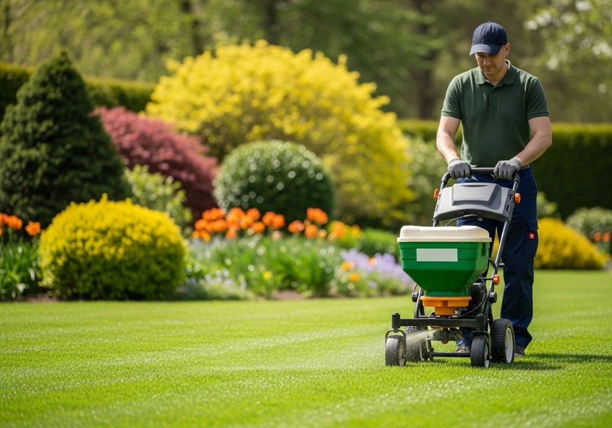 A man in work clothes is using a push spreader to fertilize a lush green lawn on a sunny day. The background shows colorful flowers and bushes. Man Spreading Fertilizer on Lawn