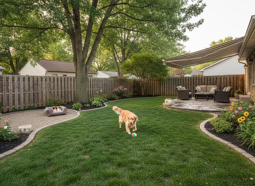 A golden retriever plays with a ball on a green lawn, while a calico cat sleeps in a pet bed next to a landscaped patio with outdoor seating. Golden Retriever Playing and Cat Napping in a Landscaped Backyard
