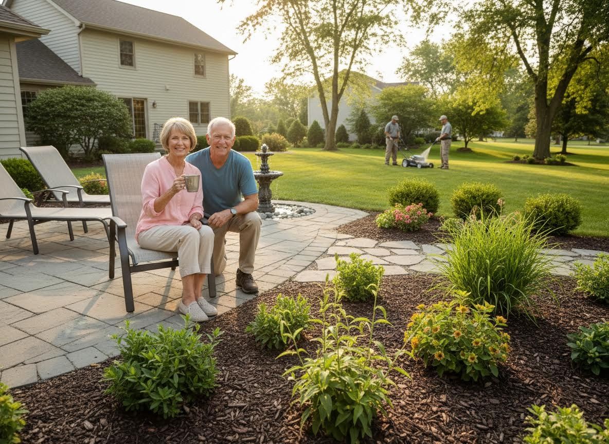 Senior Couple Enjoying Backyard While Landscapers Work