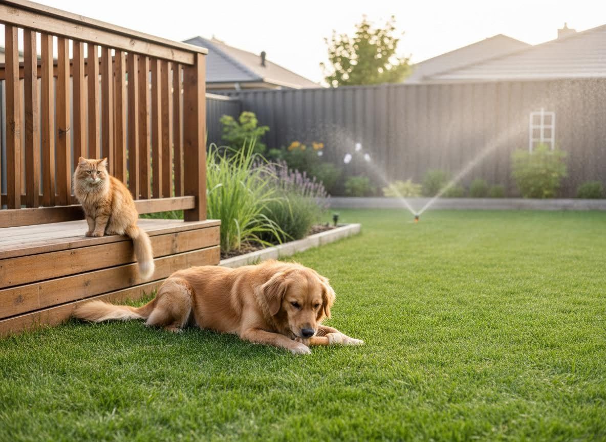 Cat and Dog in a Backyard with Sprinkler