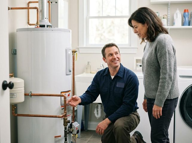 plumber talking to a client while fixing their water heater plumber talking to a client while fixing their water heater