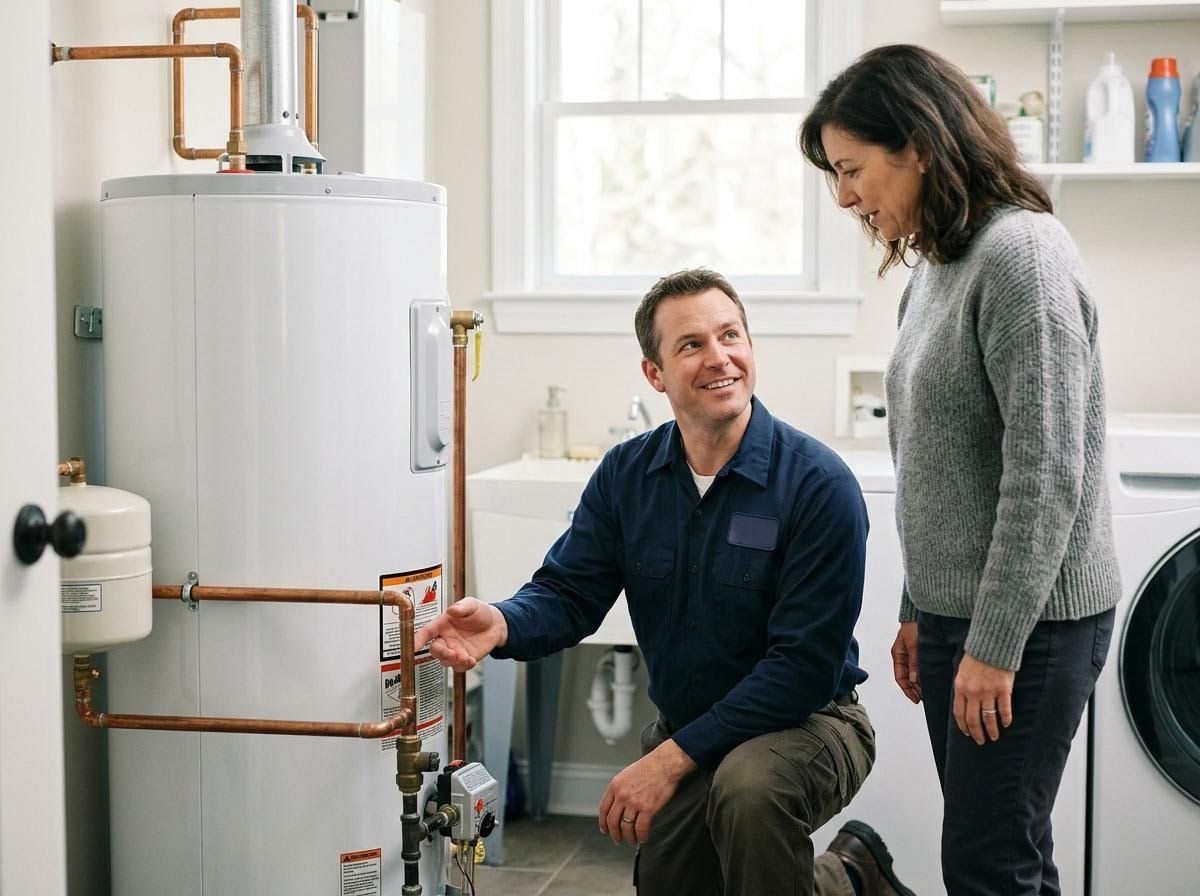 plumber talking to a client while fixing their water heater