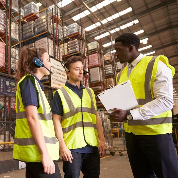 warehouse manager talking to staff members