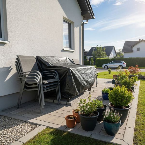 The exterior of a home with patio furniture and plants moved away in preparation for roof work.