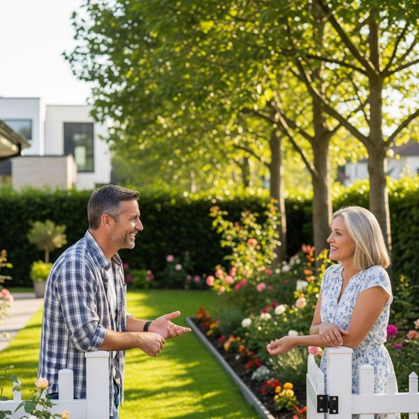 Two neighbors having a friendly conversation over a backyard fence.