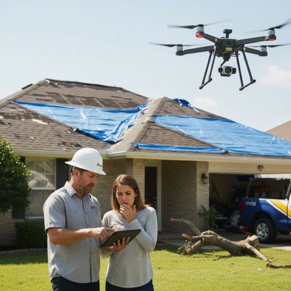 Contractor showing storm damage assessment on a tablet to a homeowner