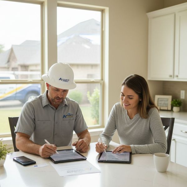 Contractor assisting a homeowner with insurance paperwork at a kitchen table