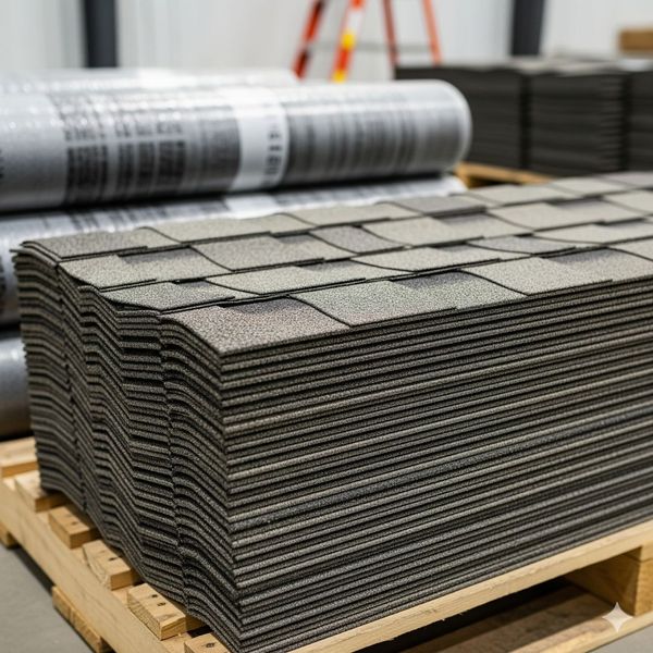 A clean stack of high-quality architectural roofing shingles ready for installation.