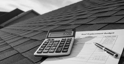 A calculator and budget sheet resting on a residential roof, symbolizing the planning process for a roof replacement