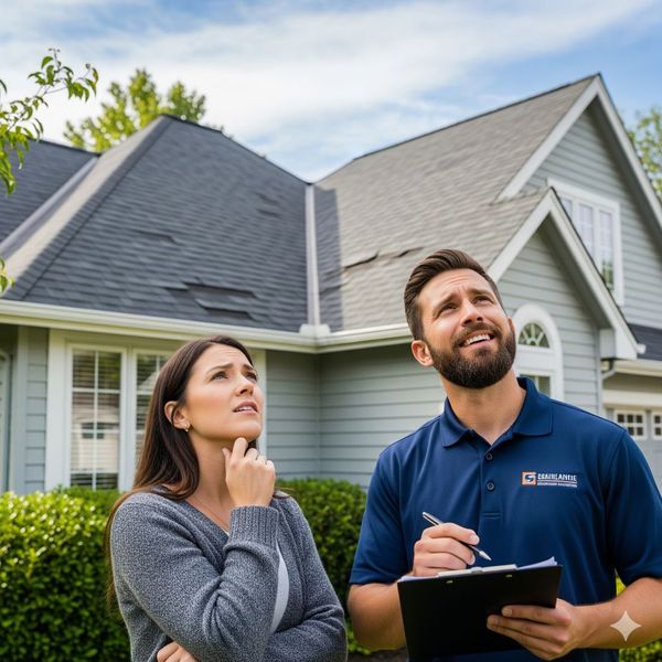A roofer in uniform discusses roof damage with a homeowner.