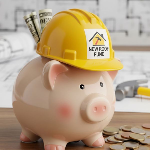 A piggy bank with a hard hat, representing the concept of saving money for a home roof replacement.