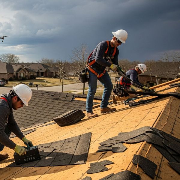 crew performing roof repairs on a residential home after a storm.