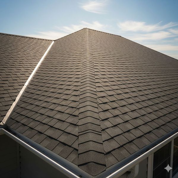 A newly installed residential roof on a bright, sunny day.