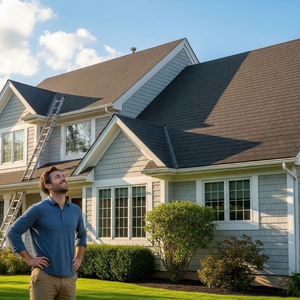 A happy homeowner looking up at their newly installed roof, demonstrating the satisfaction of a completed project.