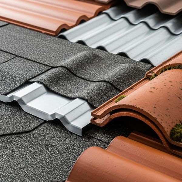 A close-up of different roofing materials, including asphalt shingles, metal, and tile, to showcase options for a new roof.