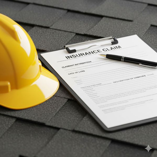 A clipboard with an insurance claim form and a hard hat on roof shingles.