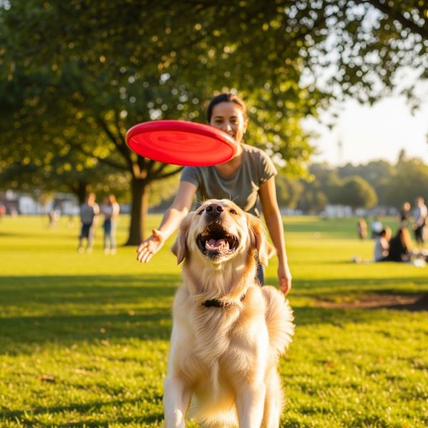 A dog happily playing in a park, safely away from a home roofing project.