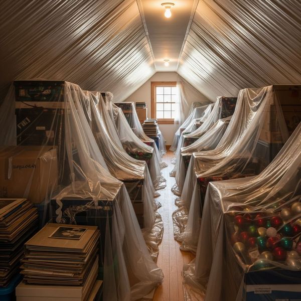 Stored items in an attic covered with protective plastic sheeting.