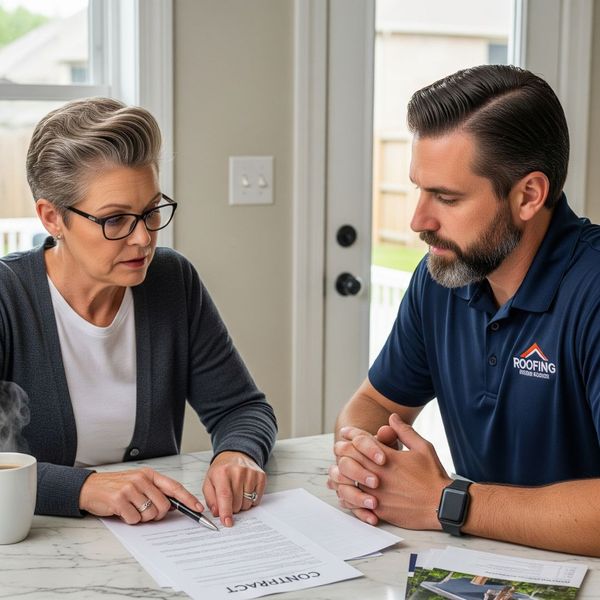 A homeowner and a contractor from a roof replacement company reviewing a contract together at a kitchen table