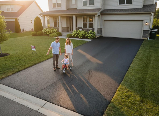 Family on newly paved asphalt driveway with house for sale
