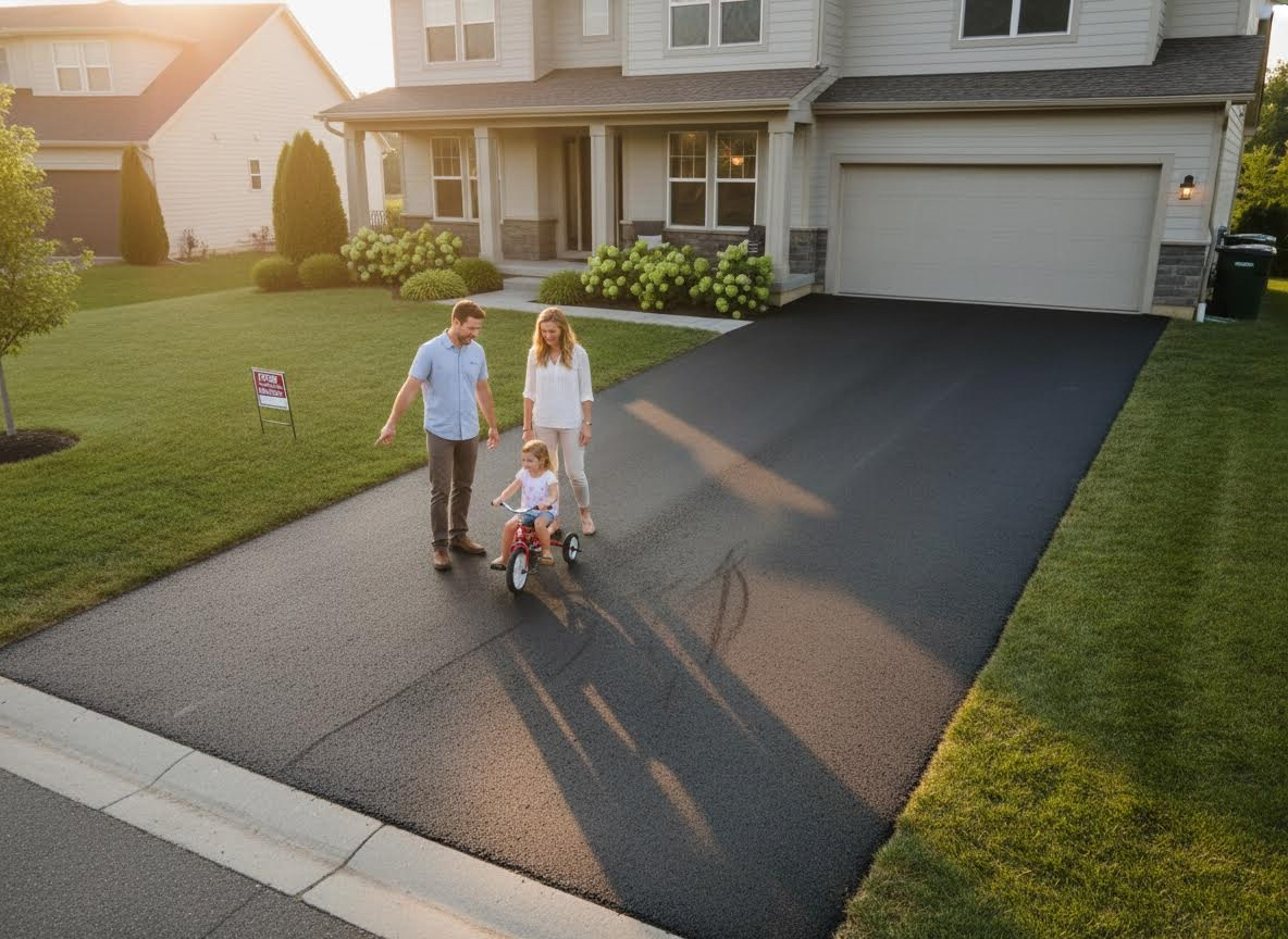 Family on newly paved asphalt driveway with house for sale