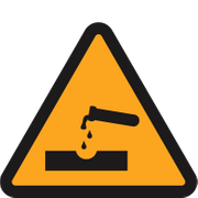 Yellow triangular warning sign with black border and black icon of liquid pouring from a test tube onto a surface, indicating corrosive material. Yellow triangular warning sign with black border and black icon of liquid pouring from a test tube onto a surface, indicating corrosive material.