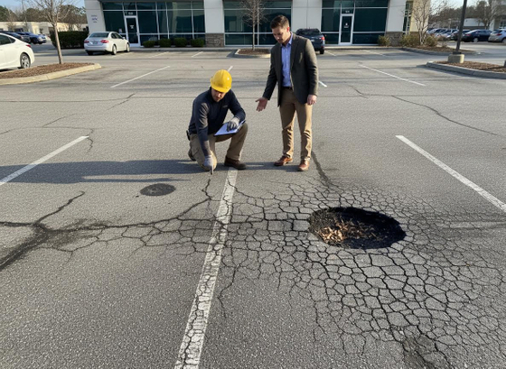 Two men inspecting a damaged parking lot with cracks and a large pothole