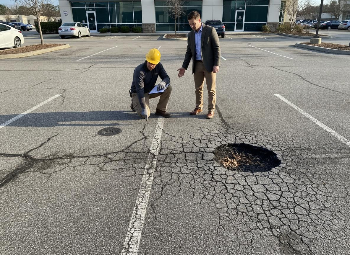 Two men inspecting a damaged parking lot with cracks and a large pothole