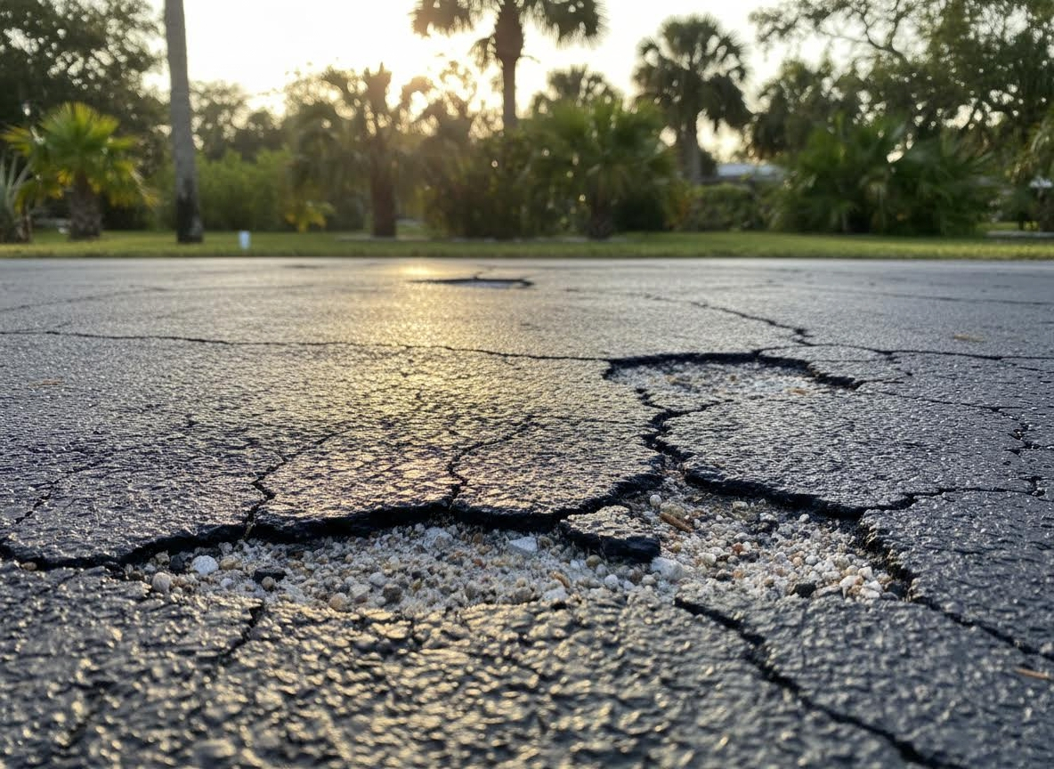 Pothole in Cracked Asphalt Road at Sunset