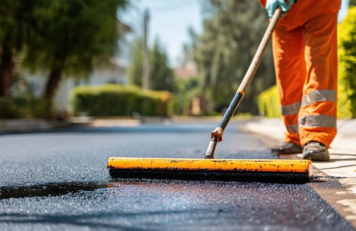 A worker in orange high-visibility pants applying fresh black sealcoat to an asphalt surface with a long-handled yellow squeegee, blurred suburban neighborhood in the background.
