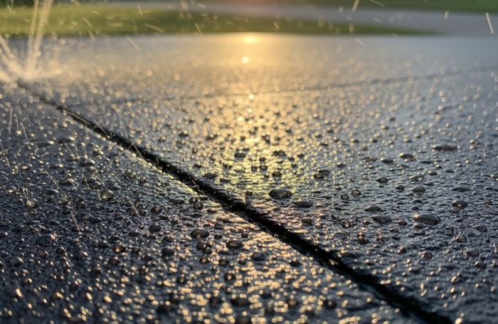 Close-up of water droplets beading on a dark, freshly sealcoated asphalt surface, reflecting the warm glow of a setting sun in the background, demonstrating water repellency.