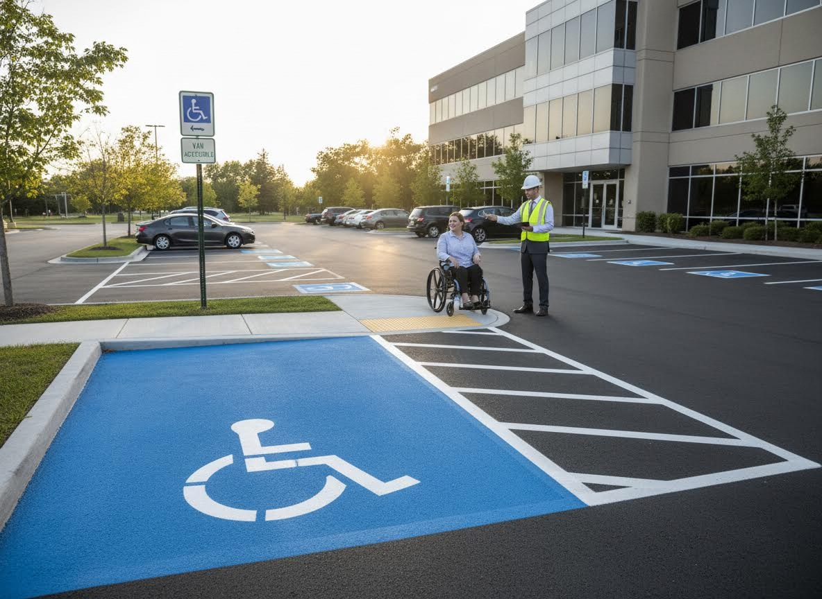 Accessible parking space with a woman in a wheelchair and a man in safety gear