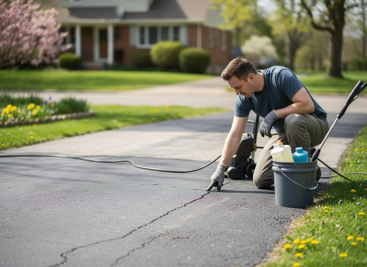 Man Inspecting Driveway Crack for Repair or Cleaning