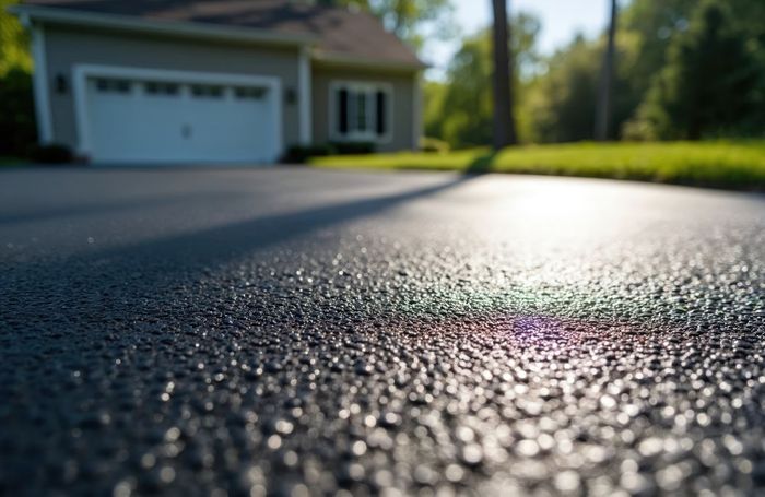 Close-up, low-angle view of a freshly sealcoated asphalt driveway glistening in the sunlight with a blurred suburban house and trees in the background.