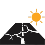 Stylized black icon of a cracked asphalt road extending into the distance under a bright yellow sun, symbolizing sun damage to pavement. Stylized black icon of a cracked asphalt road extending into the distance under a bright yellow sun, symbolizing sun damage to pavement.