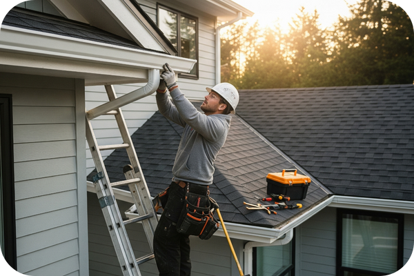 a contractor adjusting white aluminum gutters on a home