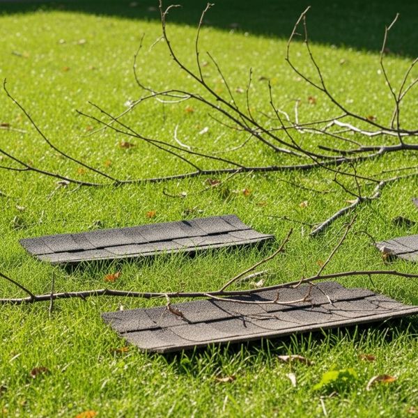 fallen shingles on grass with branches