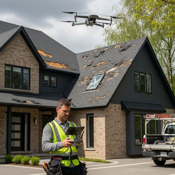 roofing contractor using a drone to inspect storm damage