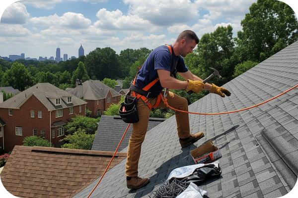 a roofing contractor in mid-action on a residential roof, wearing a safety harness and gloves, working on shingles.